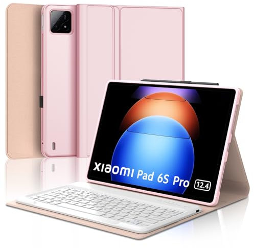 SENGBIRCH Funda con Teclado para Xiaomi Pad 6S Pro 12,4 2024 - Teclado Español Ñ Bluetooth Inalámbrico Extraíble para Tablet Xiaomi Pad 6S Pro 12,4 2024,Rosa