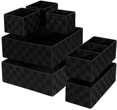 ORGMASTER Drawer Organizer, Cube Baskets for Storage Shelves, Handmade Small Woven Basket, Shallow Storage Bins for Organizing Desk, Dresser, Kitchen, Pantry, Nested 7 Pack, Black