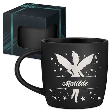 Maverton Tazza da caffè latte o tè in ceramica - 400 ml - Incisione personalizzata - Bicchiere con manico per bevande per Lei - Tazze da colazione per compleanno donna - Interno nero - fatina