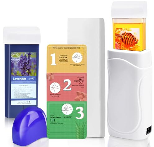 Upgraded Roll on Wax Kit, Pre Post Wax Gel Waxing Kit for Women Wax Roller Kit for Hair Removal, Honey Lavender Roller Waxing Kit, Depilatory Wax Warmer for Women & Men Sensitive Skin