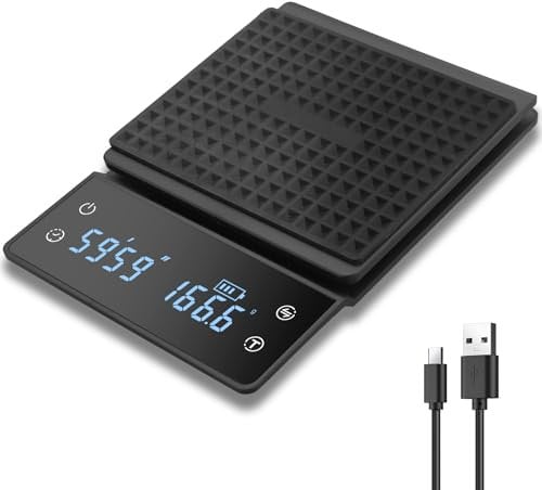 JiGiU Bilancia del Caffè con Timer,0.1g Alta Precisione intelligente Bilancia Cucina Digitale (0.3g-3kg) con Timer per il Conto alla Rovescia,Ricaricabile Bilancia Display LED -Nero