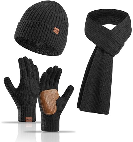 Yoolhamy 3-Teiliges Set: Mütze, Schal und Handschuhe für Damen - Wintermütze Beanie Mit Fleece Gefüttert, Wärmer Schla, Touchscreen Handschuhe, Thermo Strickmütze für Outdoor-Skimütze