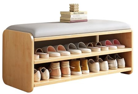 MARIYCH Schuhbank aus Holz mit gepolstertem Sitz, 3-stufige Schuhregalbank für Eingangsbereich, Flur, Schlafzimmer, Garderobe