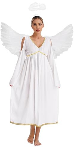 Miutii Damen Engel Kleid Engelskostüm mit Engelsflügel Heiligenschein Weihnachtsengel Kleid Maxikleid Halloween Karneval Fasching Partykleid Elfenbein 4XL