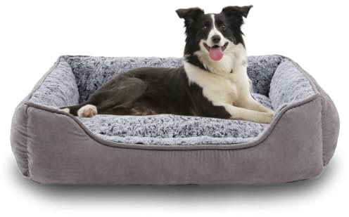 Oiilores Großes Hundebett, waschbares Hundesofa, beruhigendes Anti-Angst-Haustierbett mit rutschfester Unterseite, weiches Plüsch, rechteckig, große Hunde, 90 x 70 cm, Grau