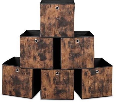 Relaxdays Aufbewahrungsbox, 6er Set, HxBxT: 33x33x33 cm, Stoff, Holzoptik, Griffloch, Faltbare Regalboxen, schwarz/braun