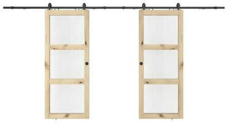 Vente-unique-Porta scorrevole doppia con esterno muro in legno e vetro temp. 3 finestre 2xH205xL73cm - ACOSTA II