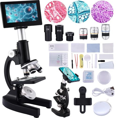 OOZSTAR Microscope 40X-2500X Magnification with 4.3-inch Display, Wide-Angle 10X and 25X eyepieces, and Built-in 5-megapixel Camera for School Labs, Animal Husbandry (Black)