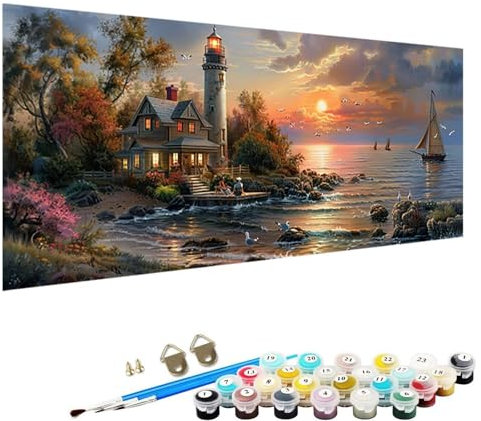 Malen Nach Zahlen Erwachsene, Sonnenuntergang DIY Handgemalt öLgemäLde Kit - 30x60cm, Malen Nach Zahlen Schipper mit 3 - Pinseln und Acrylfarbe Knitterfreie Leinwand Kit Leuchtturm 5-30