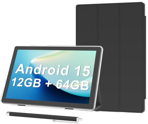 Android 15 Tablet 10 inch Tablets with Case, 10GB RAM + 64GB ROM (Expand to 1TB), Quad Core Processor Tablets, 5G WiFi 6, BT5.0, 1280x800 HD Screen, 6000mAh, Dual Camera, GMS, Widevine L1, Black