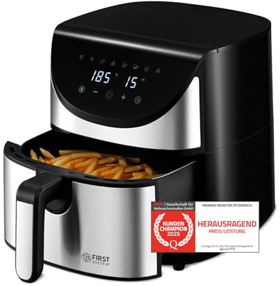 TZS First Austria Air Fryer | 5,8 L | 80-200°C | 8 Programme | Digitalsteuerung | Antihaftbeschichtung | 1700 W | Timer | Edelstahl-Heizelement