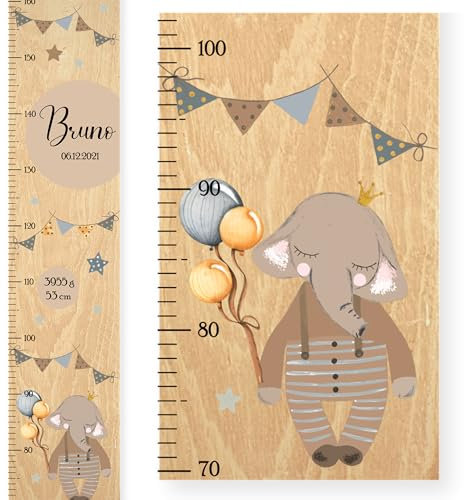EmiliaLotte Personalisierte Kinder Messlatte Holz mit Wunschname & Daten I Messlatte Kinder 70-160 cm I Montessori Messlatte Kinder Holz - Elefant I Messlatten für Kinderzimmer