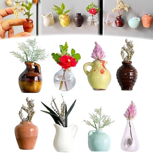 8pcs Mini Ceramic Vase Magnets for Fridge, Cute Mini Vase Fridge Magnets, 3D Ceramic Tiny Bud Vases, Funny Magnetic Flower Vases Magnets for Refrigerator Kitchen Locker Office Decor, No Flower(16pcs)