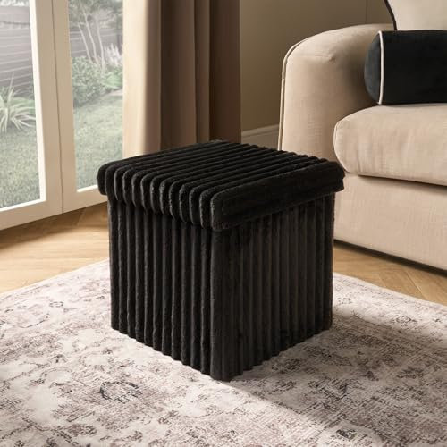 OHS Cube Storage Ottoman Box, Luxurious Black Ribbed Cube Ottoman with Hidden Storage Space Saving Footrest with Lid For Living Room Bedroom & Office, One Size