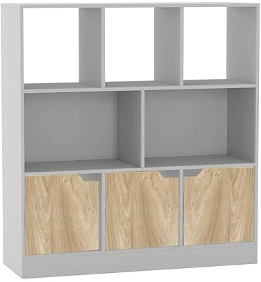 URBNLIVING White 8 Cube Asymmetrical Storage Cabinet – Freestanding Display Bookcase with 3 Doors for Home & Office - Basic Doors - Oak