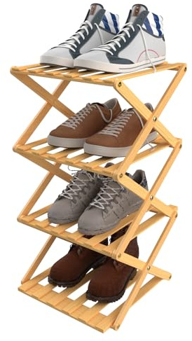 OHMG Regal aus Bambus mit 4 Etagen, faltbar, Organizer aus Bambus, ideal für Schuhregal, im Badezimmer und als Küchenregal, Regal für Dekoration, platzsparend