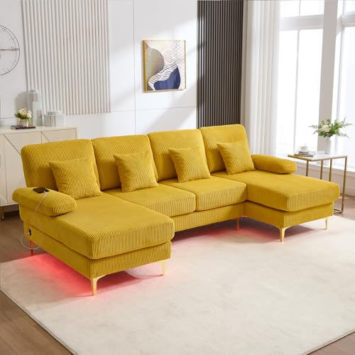 Dolamaní 4-Sitzer SamtSofa Massivholzrahmen, U-Sofa mit Doppelten Liegesitzen, 4 Kissen, Wohnlandschaft Eckcouch, für Wohnzimmer Büro Wohnung (Gelb)