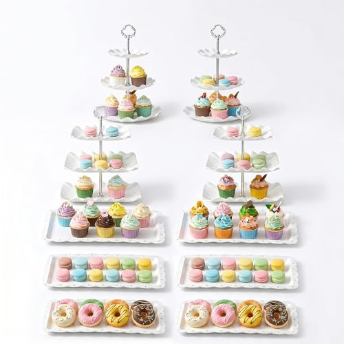 PULULA 10pcs White Cake Stand Set with 3-Tier Cake Stand X4 & Rectangular Snack Tray X 6, Plastic Cake Cup Stand Set for Wedding Birthday Afternoon Tea Baby Shower Party