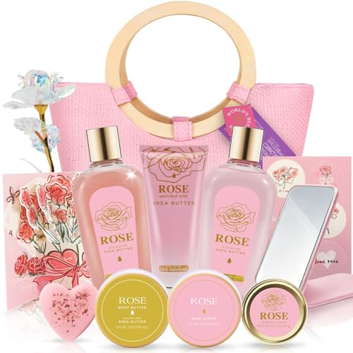 Birthday Gifts For Women-11pc Rose Mothers Day Gifts Pamper Gifts For Women With Shower Gel, Bubble Bath,Candles,Birthday Card,Body Lotion,Spa Bath Sets Valentines Day Christmas Gifts For Her
