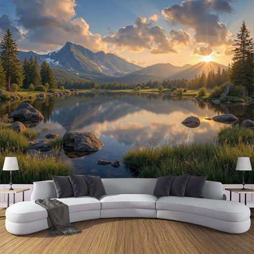 Fototapete - Seide Seen und Berge 200 x 140 cm - Foto Tapete Schlafzimmer Wohnzimmer Wandtapete Bildtapete Wand Dekoration - Natürliche Landschaft