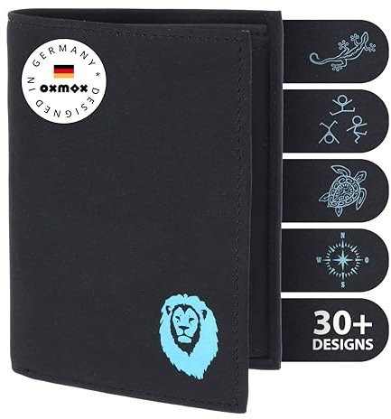 Oxmox Geldbörse Herren/Portemonnaie Damen | Wallet mit RFID Schutz | New Cryptan (Vegan) | 8 Kreditkartenfächer | Kombibörse Hochformat | schwarz | Freedom Lion Print Cyan
