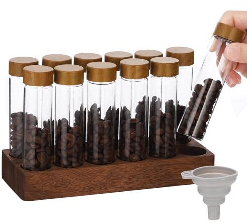 BATTIPAW 12Pcs Coffee Bean Storage,Single Dose Coffee Bean Storage Tubes,Sealed Glass Vials, Including Wooden Base & Funnel, Refillable Storage Containers for Coffee Beans, Tea Leaves