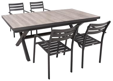 DELUKE Garten-Sitzgruppe JANA 5-TLG. - Alu/Keramik, Eiche-Optik, Grau | Gartenmöbel-Set Gartengarnitur Garten-Essgruppe mit Stapelstühlen B und Esstisch