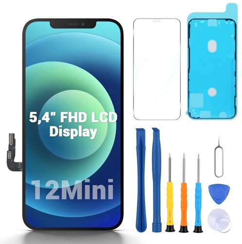 Wvoillty Display für iPhone 12 Mini 5,4 Zoll LCD – FHD Ersatzbildschirm mit Touchscreen Digitizer, Rahmen & Reparaturset, Komplettset für Display Austausch