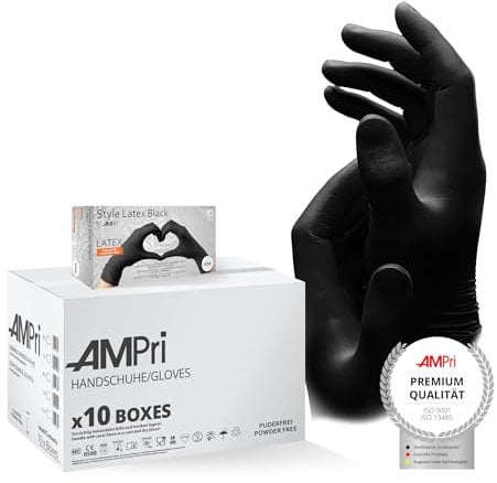 AMPri Latexhandschuhe, schwarz, 10 Box a 100 Stk, Größe XS, puderfrei, Style Latex Black: Latex Einweghandschuhe in den Größen XS, S, M, L, XL