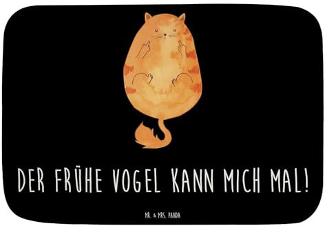 Mr. & Mrs. Panda Badteppich Katze Frühaufsteher - Geschenk, Katzenmotive, Katzenprodukte, Badgarnitur, Kaffee, Katzenfreund, Kater, Badvorleger,