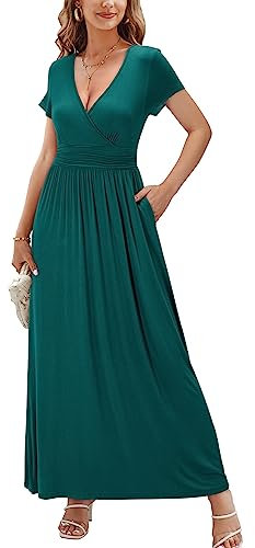 OUGES Sommerkleid Damen Kurzarm V-Ausschnitt Kleider Casual Boho Kleid Maxikleid mit Taschen Partykleid(Grün394, L)