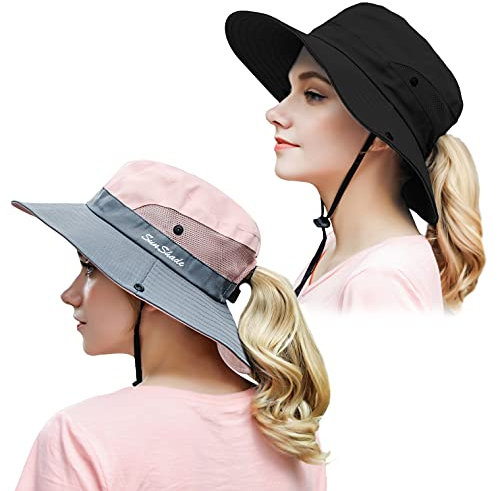Muryobao Sommer-Sonnenhut für Damen, Pferdeschwanz, UV-Schutz, breite Krempe, faltbar, Safari-Angelmütze, 2 Stück, 2er-Pack, Schwarz und Rosa, Einheitsgröße