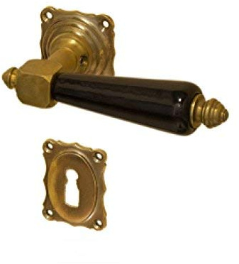 Gussmeister Türbeschlag-Set antik, Messing patiniert Modell 'Lemgo P' mit Türdrücker und Rosetten im Jugendstil nach historischen Vorlagen