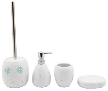 BM 4086 Set di Accessori da Bagno in Ceramica Bianco Turchese Decorato Motivo Coralli, Set Accessori Bagno Completo 4 Pezzi, Dispenser, Portaspazzolino, Portasaponetta, Portascopino