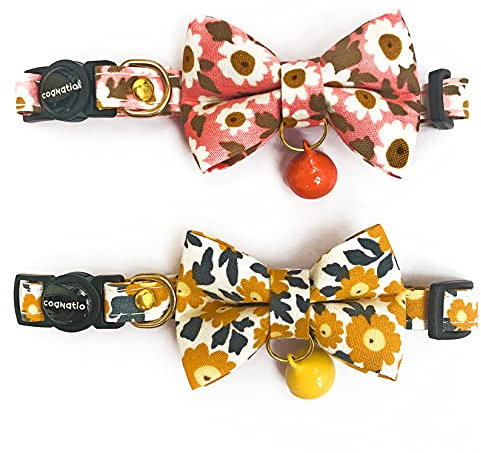 Cognatio Katzenhalsbänder mit Schnellentriegelung, weiches Katzenhalsband mit Abnehmbarer Fliege und Glocke, 2 Stück, verstellbar 20-30 cm, Rosa+Orange