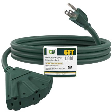 EP - 6ft outdoor extension cord with 3 electrical outlets - 16/3 SJTW green cord with 3-prong ground plug for safety, ideal for Christmas lights,