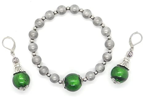 Parure bracelet et boucles d'oreille en acier inoxydable, hématite et perles en verre de Murano vertes