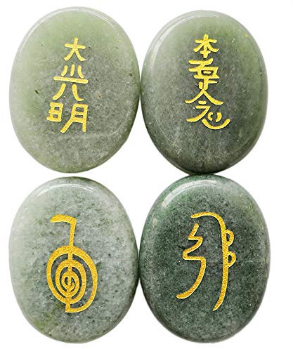 Lovionus89 4 piedras de chakra grabadas de aventurina verde con cristales curativos para reiki, piedra de palma equilibrante, 45 mm