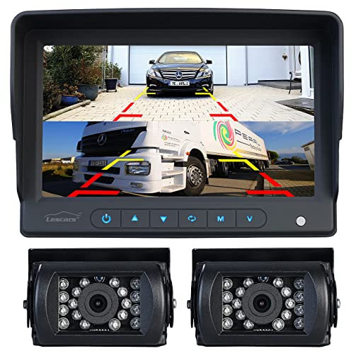 Lescars Rückfahrkamerasystem: Front- und Rückfahrkamera mit XXL-Monitor 7 / 17,78 cm, 170°, IR (Rückfahrkamera-Komplettsysteme, Rueckfahrkameras, gleichzeitig)