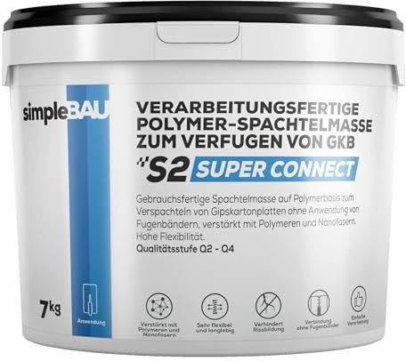 simpleBAU Spachtelmasse 7 kg – Polymerbasierte Fertigspachtel für Gipskartonplatten – ohne Fugendeckstreifen – Gebrauchsfertige Reparaturspachtelmasse Innen für Wände und Decken – Rissfest, Weiß