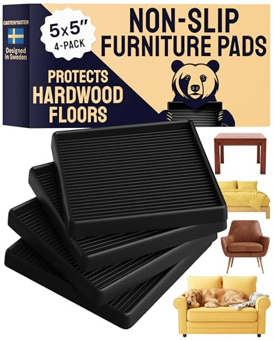 CasterMaster 5x5 Black Square Rubber Furniture Caster Cups with Anti-Sliding Floor Grip (Set of 4)