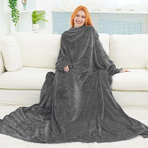 FARFALLAROSSA TV-Decke Kuscheldecke mit Ärmeln 170x200 cm - Coral Fleece Tagesdecke - Dunkelgrau