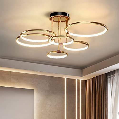 LED Deckenleuchte Modern Design Deckenlampen Gold 6-Ring Lampen Dimmbar Wohnzimmerlampe mit Fernbedienung, Aluminium Led Beleuchtung für Wohnzimmer Schlafzimmer Küche Esszimmer Büro 104cm, 140W…