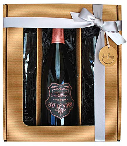 Lyme Bay Winery Premium Rosé Sparkling Brut English Sparkling Wine 750 ml Gift Set with 2 Spiegelau Fizz Glasses Gift Box