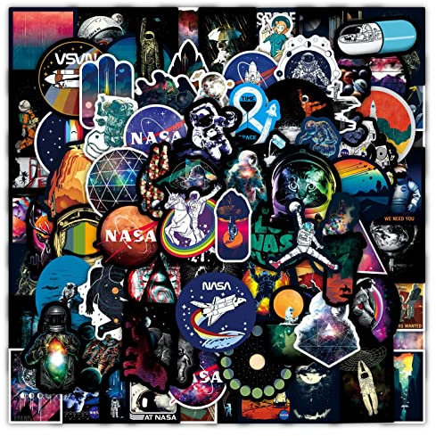 100Pcs NASA Weltraum Aufkleber, Science Fiction Universum Astronaut Aufkleber Packs für Kinder & Jugendliche, Rakete Raumkapsel Vinyl wasserdichte Aufkleber für Laptops, Gitarren, Skateboards