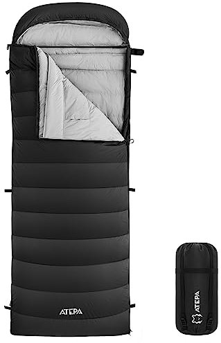 ATEPA Schlafsack Winter Outdoor,Daunenschlafsack, Übergröße Ultraleichter, 3 Jahreszeiten Warm, XXL Leichtgewicht, großartiger Komfort, Ideal für Rucksacktouren Erwachsene Camping, Wandern, Schwarz