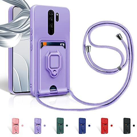 Aithne Case für Xiaomi Redmi Note 8 Pro Handykette Hüll,Silikon Handyhülle zum Umhängen Kette,360 Grad Ringhalter Stand Kartenfach-Lila