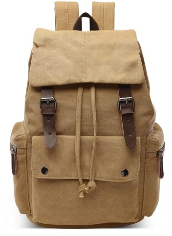 DORRISO Elegant Canvas Rucksack Herren Retro Tagesrucksack für 15.6 Zoll Laptop Große Kapazität Schulrucksack Reisen Lässig Camping Arbeit Wandern Leinwand Herren Backpack Khaki