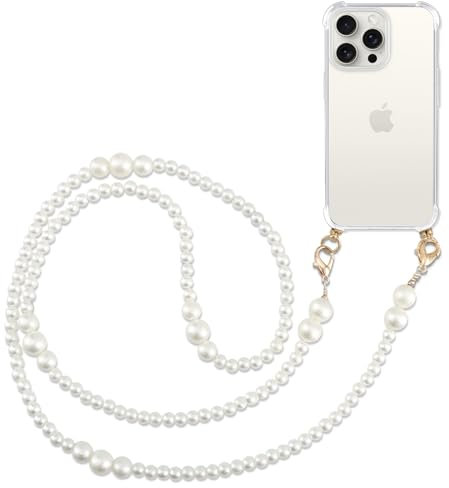 Pnakqil Handykette mit Perlen Necklace für Apple iPhone 15 Pro Max 6.7 Hülle Schultergurt mit Band zum Umhängen Schnur Handyhülle Kette Handy Umhängeband Transparent TPU Herz Silikon Case,Beige