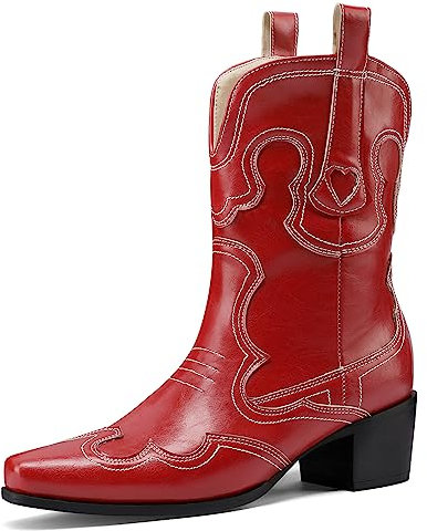 Lroey Reoly Stivaletti da Donna con Tacco Largo, Moda Stivali da Cowboy Appuntito Tacco Medio Stivali Corti Senza Chiusura Ricamate, N3800Bo Rosso Numero 40 EU